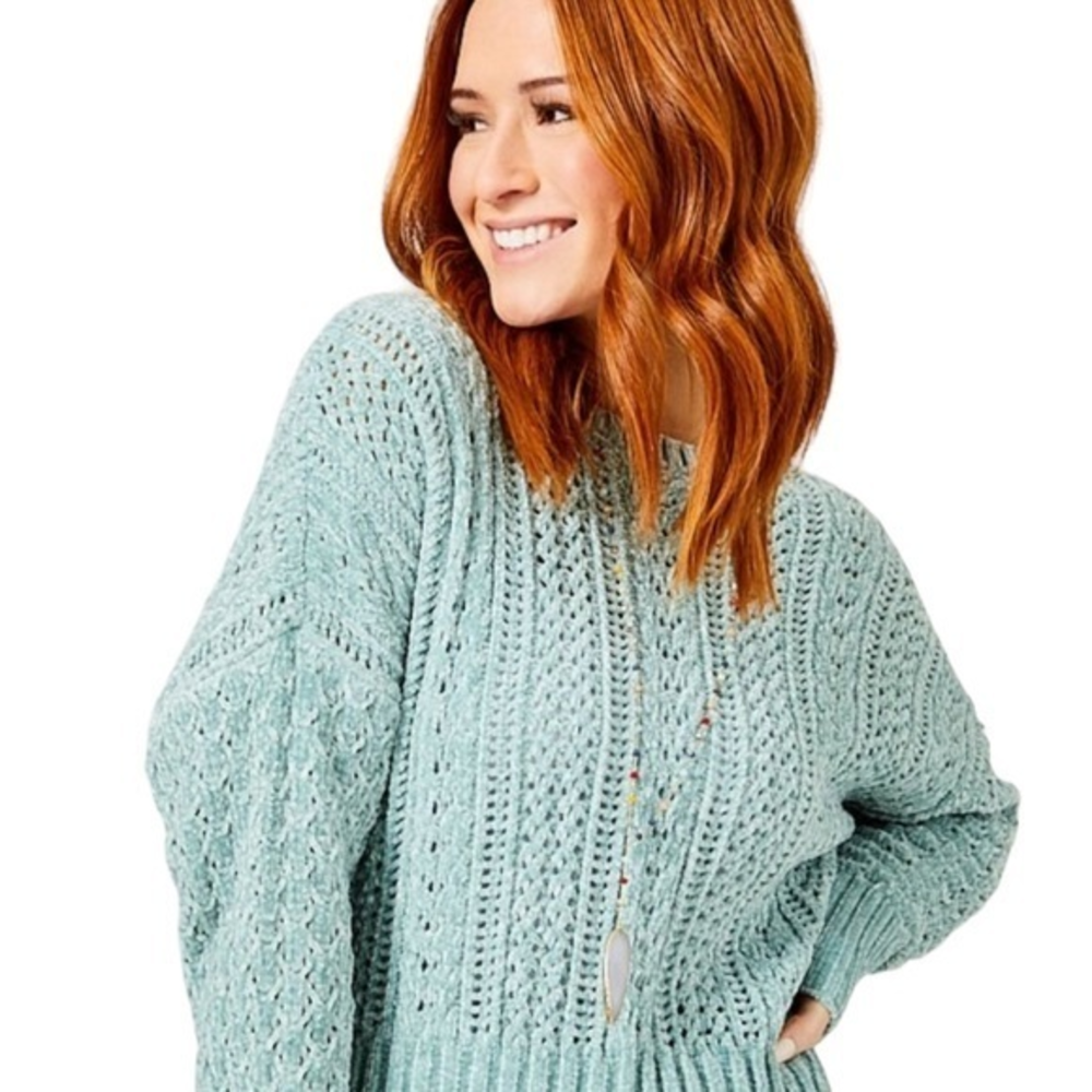 Altar'd State Myra Chenille Sweater Open Cable Knit Green Round Neck‎ Size Large